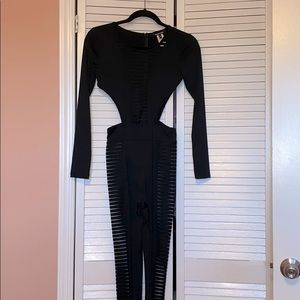 Side Cutout Mesh Front and Leg Black Jumpsuit